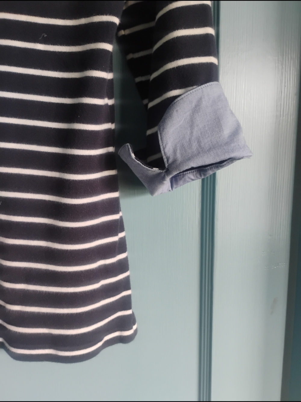Navy and White Striped Long Sleeve Top with Chambray Cuffs